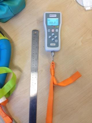 The tow strap (Lo=10in) deformed 0.1in under 170N, which is less than 10% of original length. original length. The harness strap (Lo=6in) deformed 0.