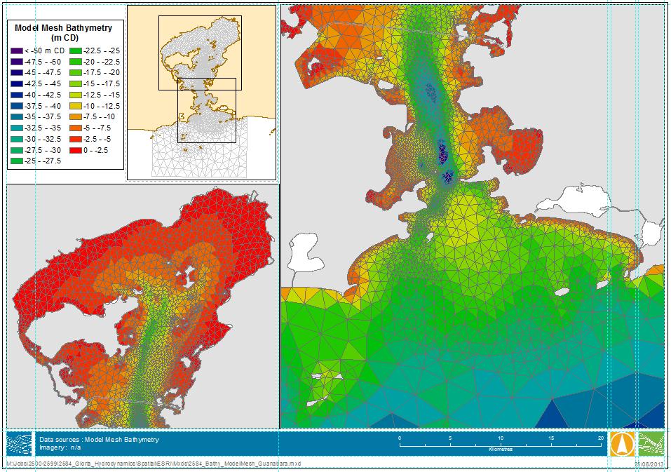B C C A B Figure 2-2 Model Bathymetry, mesh extent (A), northern Bay (B), Bay entrance and Race Areas (C) Whilst the chart database proved suitable for preliminary model setup, a number of