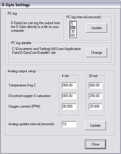 Figure 5: D-OptoCom Settings window By default, the D-Opto output current is scaled; 4mA 20mA
