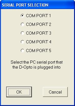 Figure 1: D-OptoCom serial port selection window. With most computers the D-Opto will be connected to com port number 1.