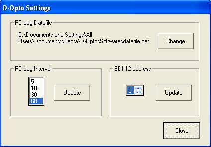 SDI-12 address; the address options are 0 through 9, or A through to Z. When changing the PC log interval or SDI-12 address, the update button MUST be pressed to transfer the change to the D-Opto.