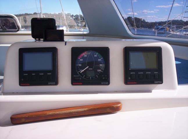 Navigation Instruments Serrano is equipped with three instruments which give you boat speed, depth of water and wind speed and direction.