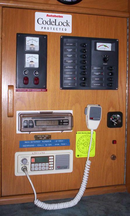 VHF Radio. SERRANO is equipped with a GME VHF radio. To operate, turn circuit breaker on at panel. Turn radio on, select channel, and adjust squelch to stop static.
