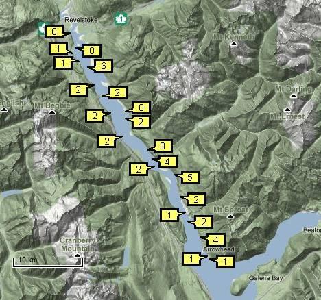 Figure 3. Locations of trap sites in Upper Arrow Lake. Multiple (1-9) traps were deployed at each site.