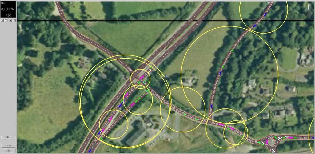 Fig 7.3.5 Extract from the Traffic Model scenario 2023 08:00 to 09:00 with direct access to Dunkettle Road from Ballinglanna Lands. Showing queuing at IBIS Slip Road to the M8. (Time 08:30) Fig 7.3.6 Extract from the Traffic Model 2023 07:45 to 08:45 with direct access to Dunkettle Road from Ballinglanna Lands.