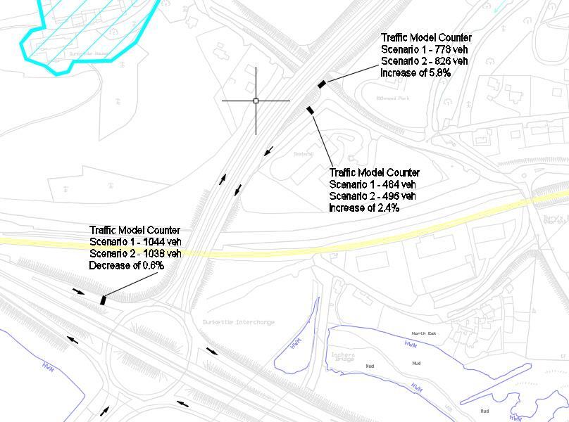 Fig 8.1 Comparison of the traffic impact of the 400 Housing units at Ballinglanna Lands on the Dunkettle Interchange design year 2023 morning peak hour for scenarios 1 & 2. Figure 8.