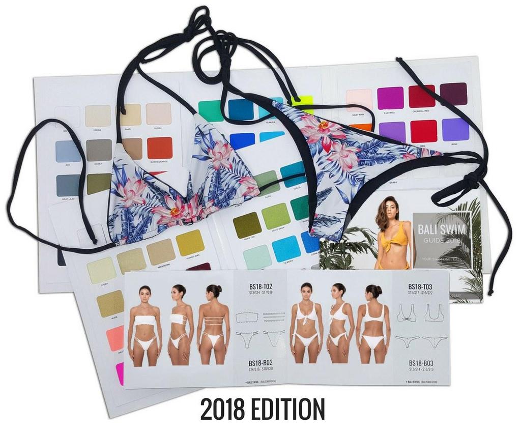 2018 STARTER KIT (US$95) 2X Color Swatch Books (Indonesian Lycra) + Manufacturing Guide + Private Label Catalogue + Floral & Black Bikini Set (reversible) All you need to start you swim line.
