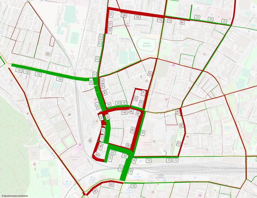 Novelacija prometne študije na vplivnem območju Parmove ulice za potrebe izdelave OPPN 173 Parmova Na spodnji sliki je prikazana sprememba prometnih tokov v času popoldanske konice pri varianti 3.