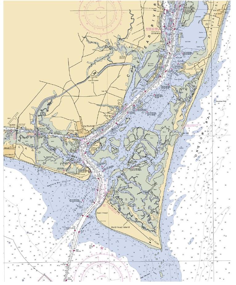 The Channel in the Cape Fear River This is the chart of the lower Cape Fear River: The Corps of Engineers maintains the channel at a depth of 42 feet within the river, and at 44 feet south of the