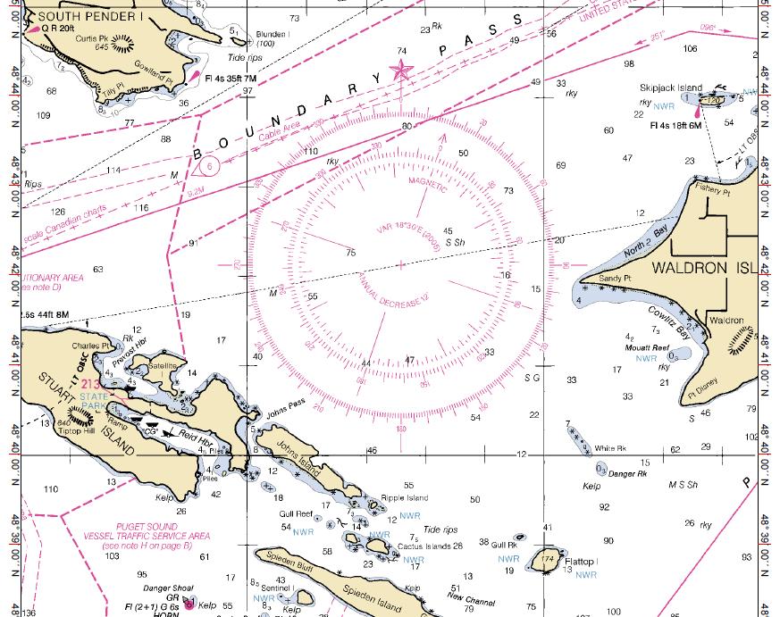 Using Bearings from a chart You are at John s pass and want a compass bearing to the tip of Waldron island You need a magnetic bearing to take a bearing in the real world.