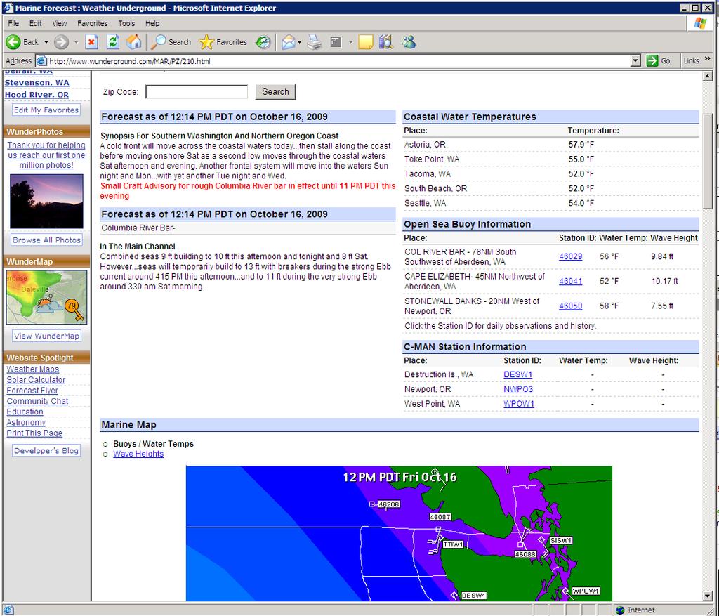 Marine Forecast, Ilwaco WA Oct 16, 2009 Buoy data to see current action off-shore