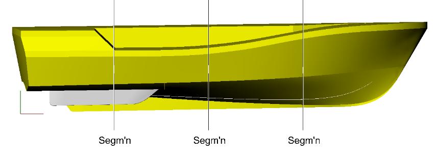 The central skeg was laminated separately and attached to the hull at a later stage. The bilge keels were 3D-printed in plastic and bolted onto the hull shell.