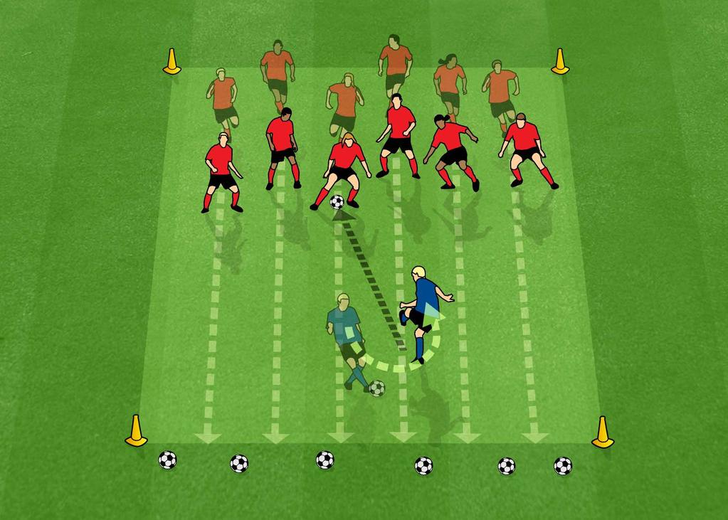 SPACE INVADERS (FOOTBALL TECHNIQUE) Suitable for players aged 4-12 years 1. Set up area 30x20m. Modify area depending on the number and age of players. 2.