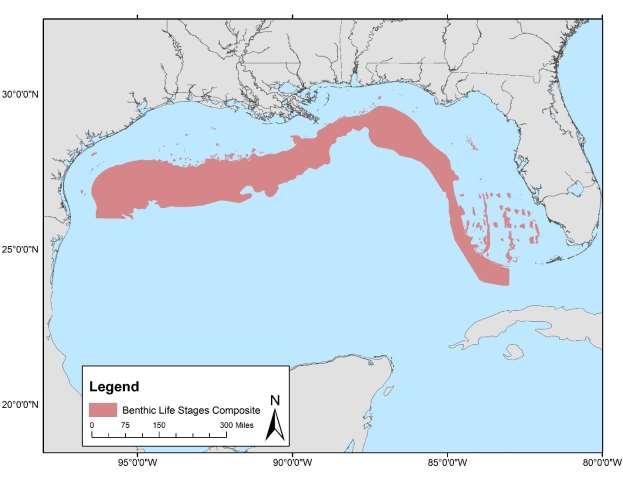 Figure 56. Map of benthic habitat use by all life stages of almaco jack.