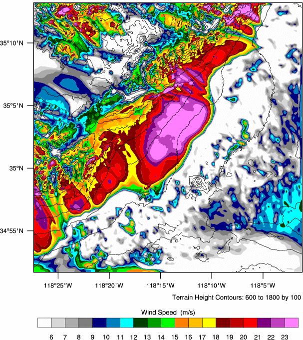 Downslope storm, hydraulic jump WRF-ARW, dx=100m Data from many