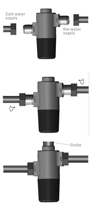 INSTALLATION 1 Locate the mixing valve next to the cold and hot supply pipes 2 Connect the cold and hot supply pipes the cold and hot water inlets marked on the mixing valve 3 Connect your product to