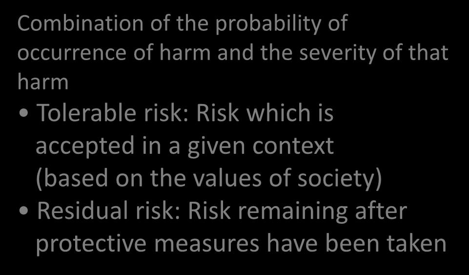 Definition of safety Central concepts: Hazard, risk and safety Hazard Harm Combination of the probability of occurrence of harm and the severity of that harm Tolerable risk: