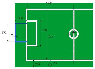 1.3 Field Colors The colors of the soccer field are shown in Figure 4. All items on the RoboCup field are colorcoded: The field (carpet) itself is green. The lines on the field are white.