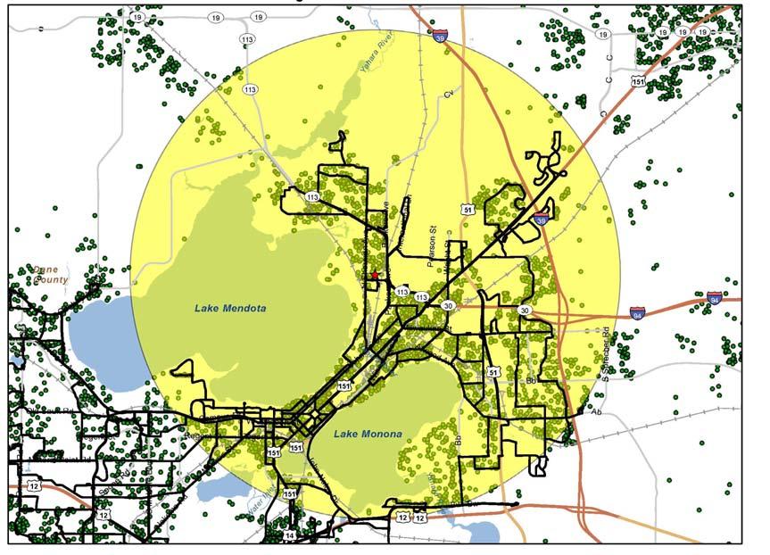 Green dots: Truax student home locations Black lines: Madison Metro routes Yellow area: 5-mile radius from Truax campus (Source: Madison College, Madison Metro) Many