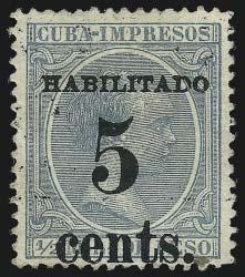 beautiful and rare example of this variety with the thin numeral, ex Robertson (Image 400 375 2723 CUBA, Puerto Principe, 1898-99, 5c on -1/2m Blue Green (190).