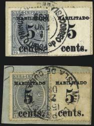 Second printing, two items: first is surcharge from Positions 3-4 with latter struck in selvage at right, tied on small piece by double-circle datestamp, some overall toning; second is surcharge from