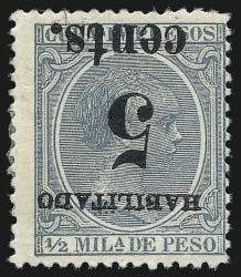 from the middle of the setting could be printed in the selvage, one signed Bloch (Image E. 400-500 475 2726 CUBA, Puerto Principe, 1898-99, 5c on -1/2m Blue Green, Inverted Surcharge (190a).