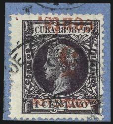 Page 3 of 3 Positions 1 and 5, each tied by circular datestamp on small piece, fresh and Fine, scarce, ex Robertson (Image 2734 CUBA, Puerto Principe, 1898-99, 10c on 1c Black Violet (200, 200a).