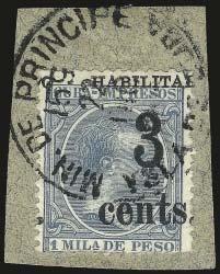 color, fresh and Fine, signed Bloch (Image 400 190 2745 CUBA, Puerto Principe, 1898-99, 3c on 1m Blue Green, Inverted