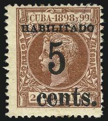 Page 5 of 7 2713 CUBA, Puerto Principe, 1898-99, 5c on 2m Orange Brown (184-185).