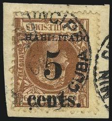Principe, 1898-99, 5c on 5m Orange Brown (188-189). First printing, horizontal strip of five comprising the entire printing, original gum, h.r. where bit heavily reinforced, bright color, Position 2