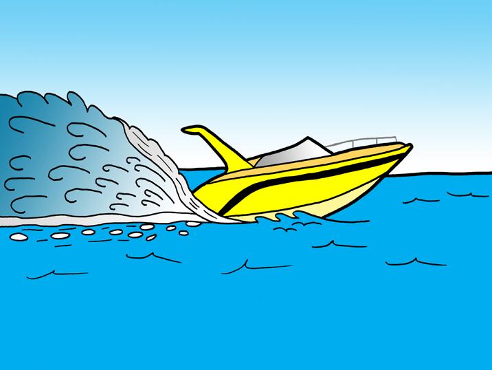 Along came a yellow speed boat, flying through the water. Its wake splashed the one.