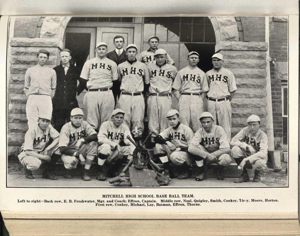 MITCHELL HIGH SCHOOL BASE BALL TEAM. Left to right Back row, E. B. Freshwater, Mgr. and Coach; Effron, Captain.