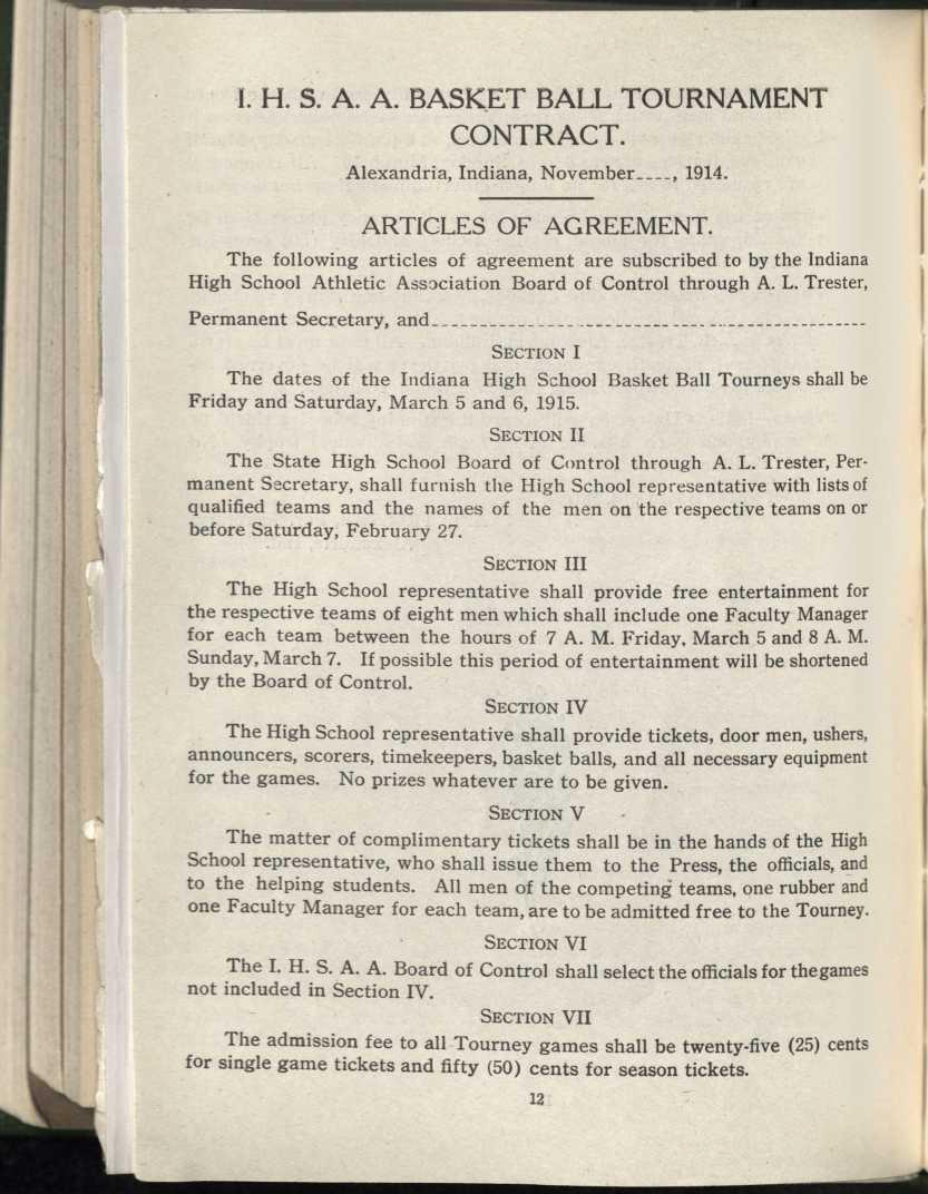 I. H. S. A. A. BASKET BALL TOURNAMENT CONTRACT. Alexandria, Indiana, November, 1914. ARTICLES OF AGREEMENT.
