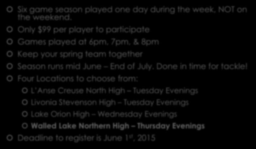 2015 Summer League Details Six game season played one day during the week, NOT on the weekend.