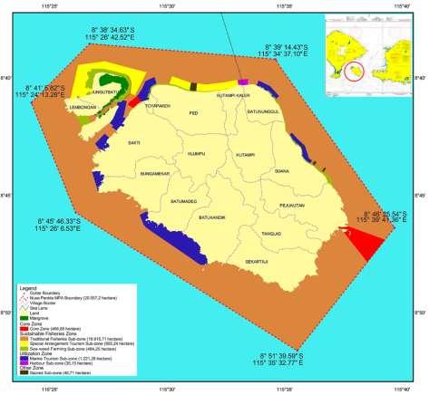 Annex 2, page 10 35. The Nusa Penida MPA covers an area of 20,057 hectares around Nusa Penida and two smaller neighbouring islands, Nusa Ceningan and Nusa Lembongan.