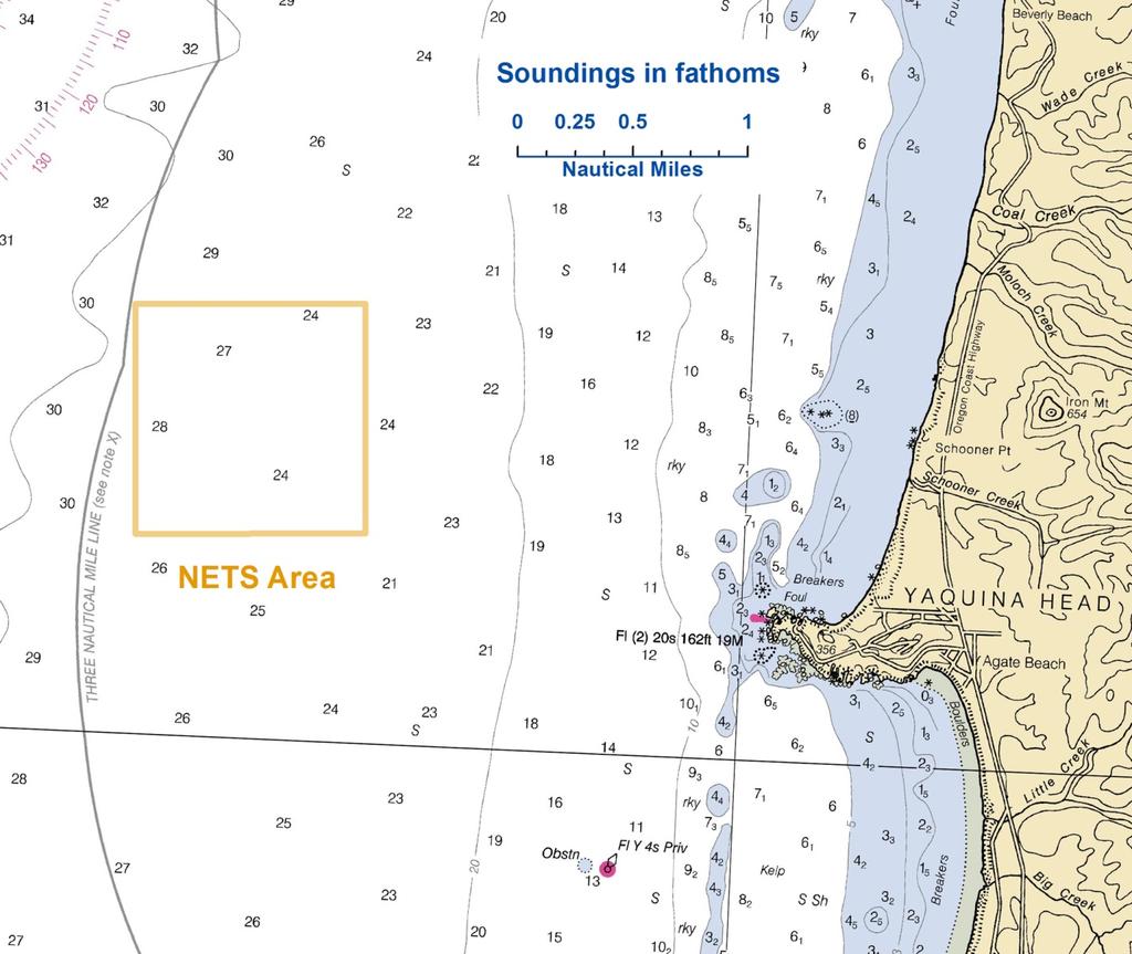 Figure : Nautical chart of Yaquina Head and surrounding area shows the gradually sloping bathymetry around NETS. Soundings in fathoms ( fathom =.888 m).