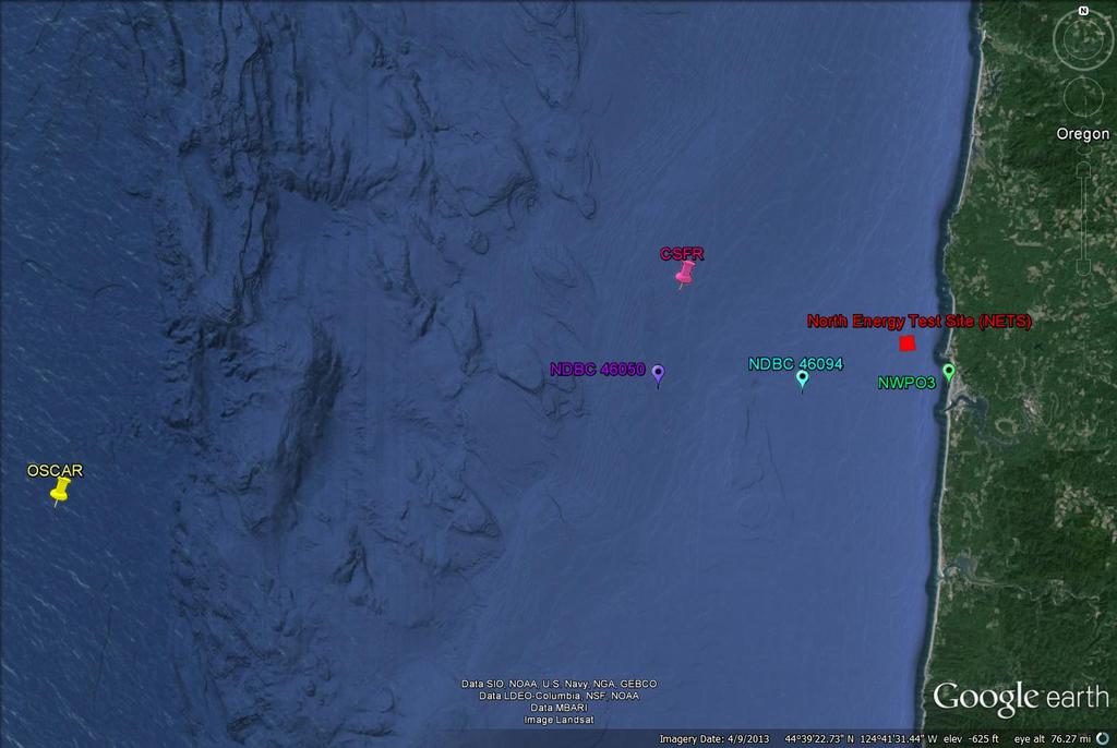 Figure 5: NETS location map showing CSFR wind and OSCAR surface current data points, and NDBC buoy locations (Google Earth 5). 3.4.