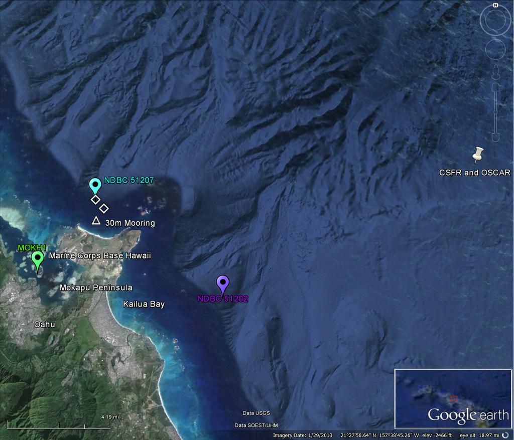 Figure : Two wave buoys and one met station surround the test site. The data points for OSCAR and CSFR overlap at.5 N, 57.5 W (Google Earth 4)
