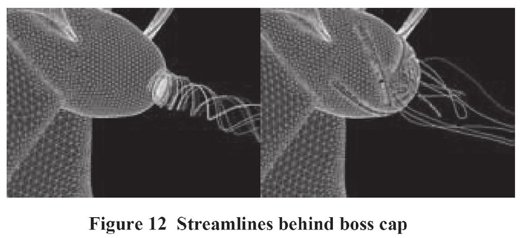 Stream lines of the down flow from a random point at boss cap end are shown in Figure 12 for the case with and without PBCF.