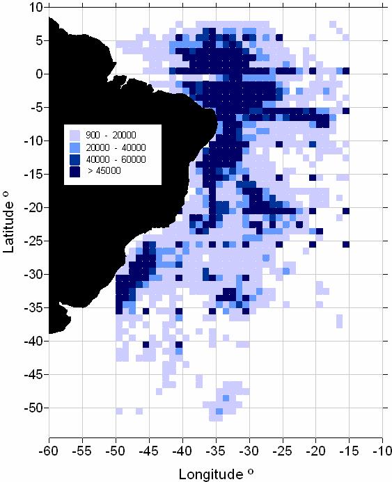 Figure 1- Distribution of sum of fishing effort done by the Brazilian tuna longline