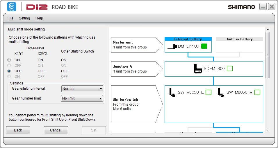 Multi shift mode setting The multi shift mode setting can be changed. Multi-shifting is a function to shift the rear derailleur by several gears in a row by holding down the shift switch.