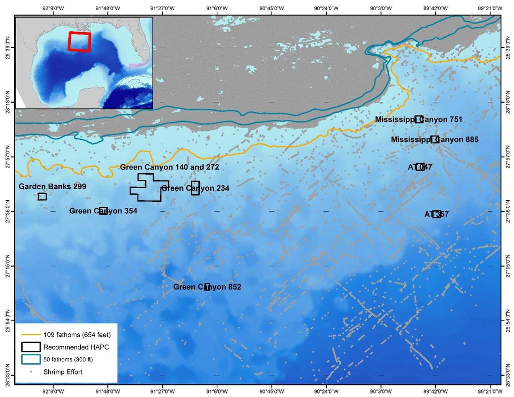 Figure 3. Deepwater coral areas in the northern Gulf of Mexico that have been recommended for both priority HAPCs with fishing regulations and HAPCs without fishing regulations.