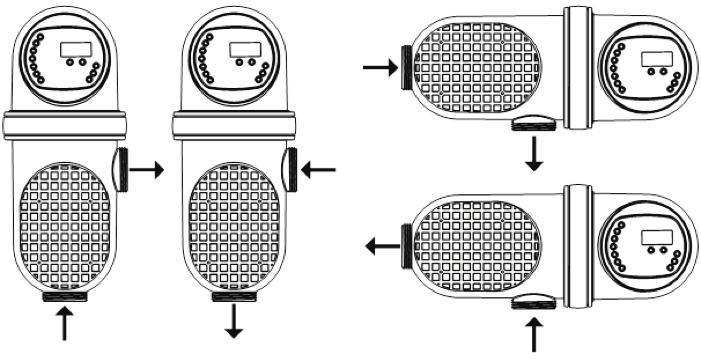 The chlorinator can be mounted in two orientations as shown below, with flow in either direction as indicated by the arrows. Flow rates through the chlorinator should be kept within 80 to 400 LPM (21.