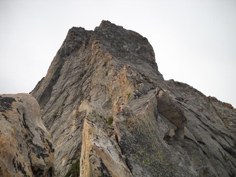 The last three pitches of Broken Arrow Arête are directly above the photographer. The final pitch of the Dawn Arête is visible on the left skyline.
