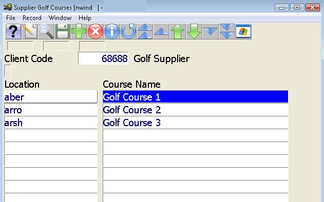 This screen allows a supplier to be associated with one or more Golf Courses that have been configured within the Golf Course