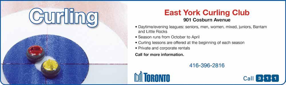 Toronto/East York District: Fall Lessons East York Memorial Arena 888 Cosburn Ave, 416-396-2869 3-5 yrs $43/9 wks Tue 10:15am-11am Oct 9 3100043 Tue 11am-11:45am Oct 9 3100041 Tue 11:45am-12:30pm Oct