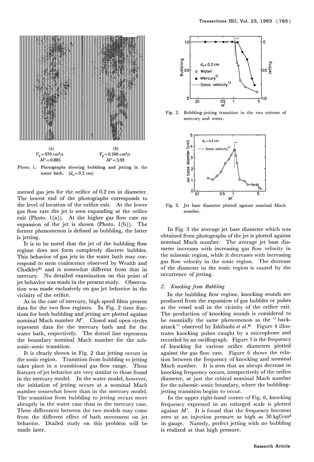 Transactions ISIJ, Vol. 23, 1983 (765) Fig. 2. Bubbling jetting transition in the mercury and water. two systems of Photo. 1. Photographs water bath. showing bubbling (d0=0.