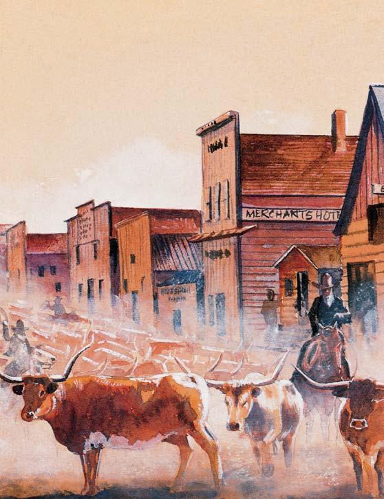 At last, the noisy, dusty cattle stamped into a market town. The cowboys drove them into pens near the railroad tracks. Then they got their pay. It was time for fun!