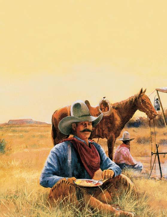 At night the cowboys stopped to let the cattle eat, drink, and sleep. It was time for the cowboys to eat too. Cookie had a hot meal ready for them.