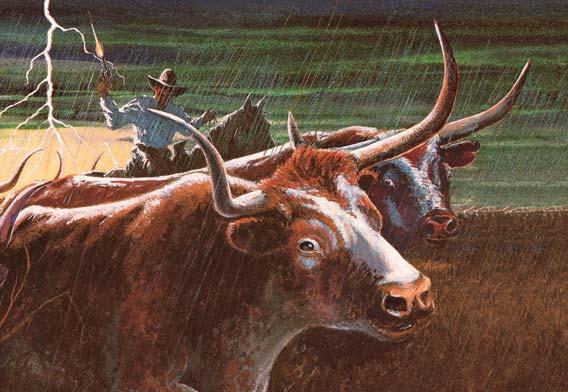 Cattle ran wildly in all directions, rolling their eyes and bellowing with fear. The ground shook under them. The bravest cowboys galloped to the front of the herd. They had to make the leaders turn.